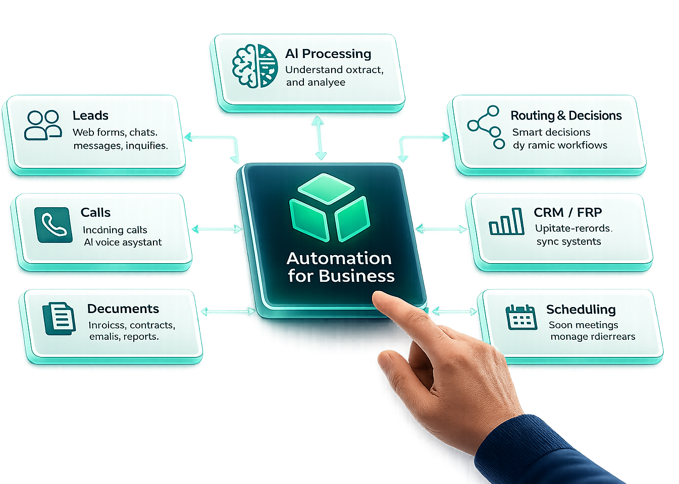 Diagram: one automation hub connecting leads, calls, documents, AI processing, routing, CRM and scheduling